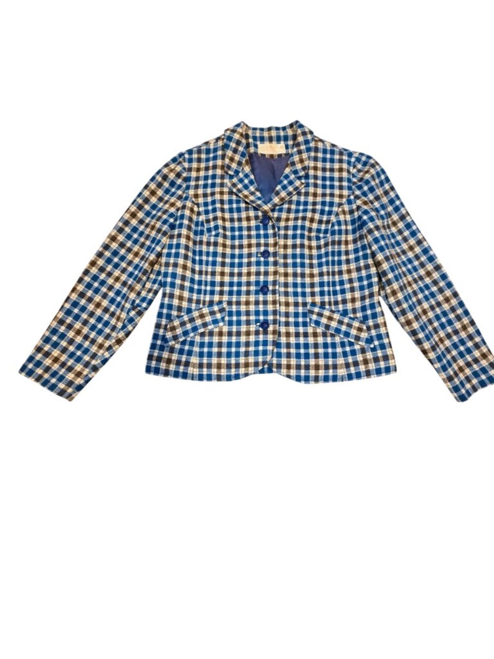 Vintage Pendleton Womens Cropped Blue Brown Plaid Blazer 100% Virgin Wool Sz. 14 - Picture 11 of 11